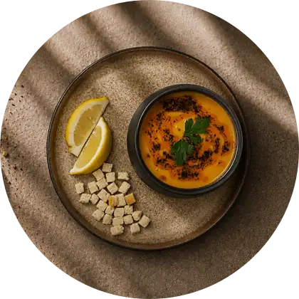 Linsensuppe — Rote Linsen, Croutons, eine Zitronenspalte.