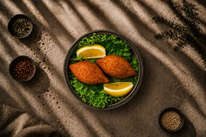 Bulgur Bites — Zwei frittierte Bulgurhüllen mit Rinderhack, dazu Zitrone.