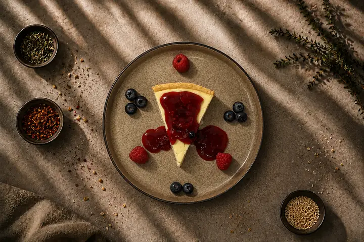 Cheesecake — Cremig, mild süß, kalt serviert.