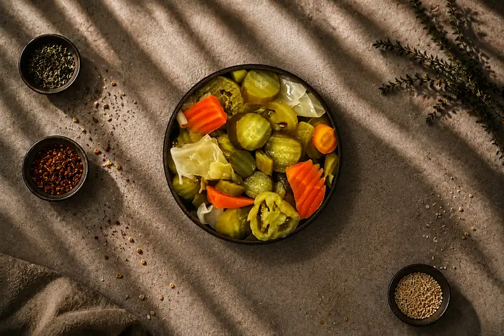 Fermento — Kohl, Gurke, Karotte, Paprika in Salzlake. Sauer, als Gegengewicht.