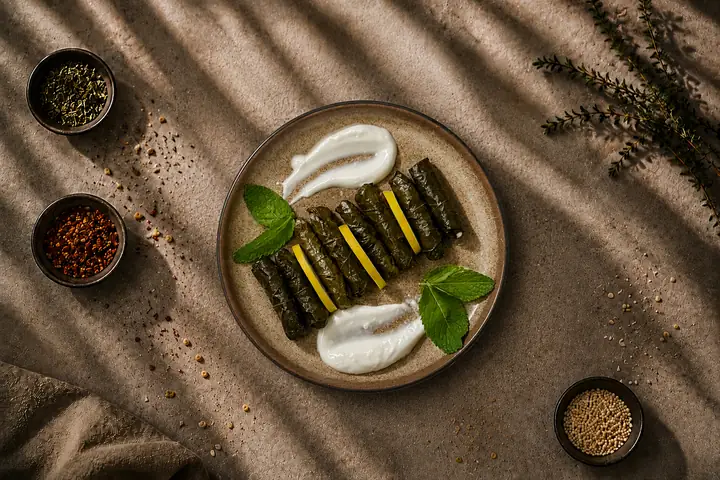 Green Rolls — Weinblätter mit gewürztem Reis, warm serviert.