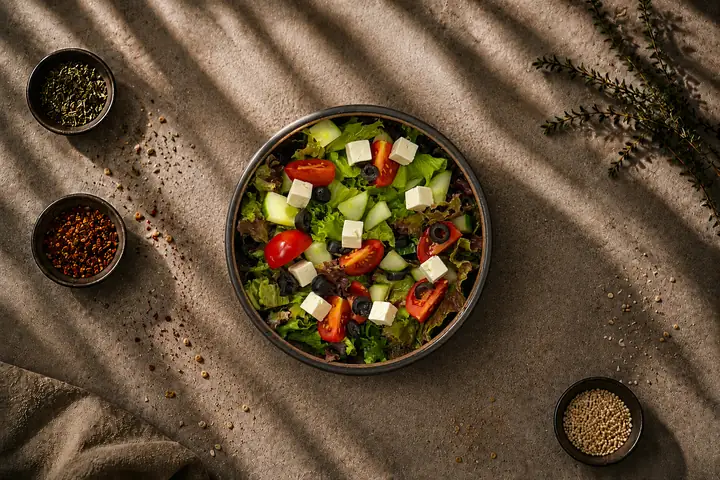 Griechischer Salat — Lollo Bionda, Kirschtomate, Gurke, Hirtenkäse, Oliven.