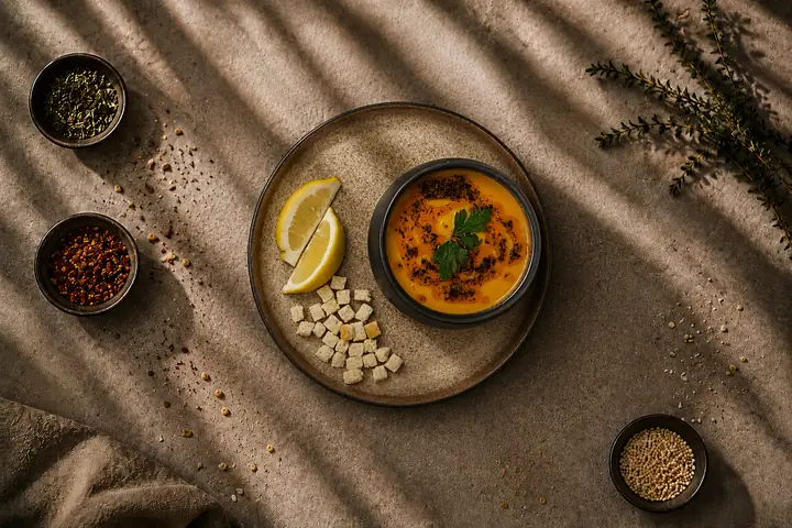 Linsensuppe — Rote Linsen, Croutons, eine Zitronenspalte.