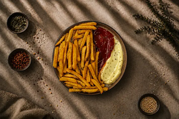 Pommes frites — Pommes. Ketchup und Mayonnaise separat verpackt — die Mayonnaise ist nicht vegan.