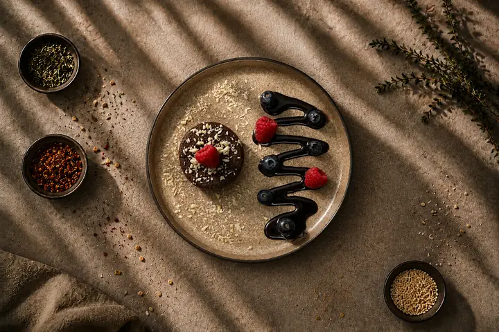 Schoko-Soufflé — Warm, flüssiger Kern, Schokosauce und Walnüsse.