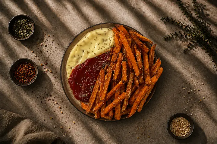 Süßkartoffel-Pommes — Süßkartoffel statt Kartoffel, süßer und dunkler frittiert. Mayonnaise nicht vegan.